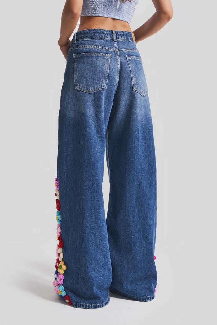 Women’s Dark Wash 3D Floral Appliqué Jeans - Image 3