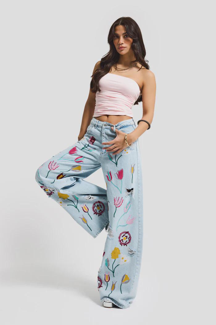 Women’s Light Blue Floral Embroidered Jeans - Image 3
