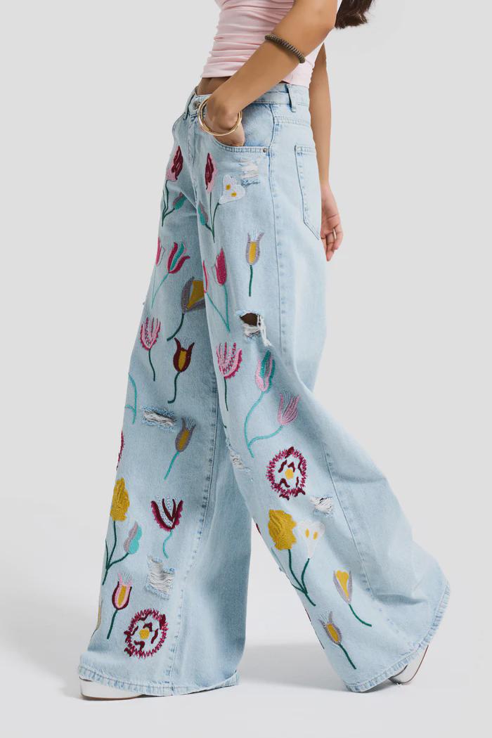Women’s Light Blue Floral Embroidered Jeans - Image 2