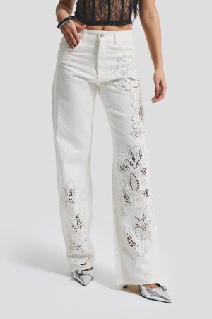 Women’s White Floral Cutwork Jeans