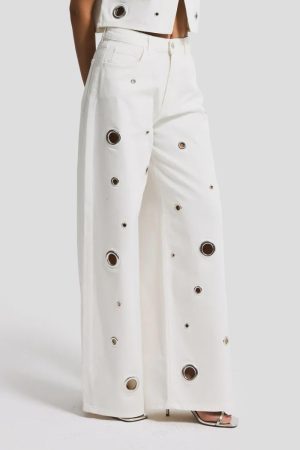 Women’s White Grommet Wide Leg Jeans