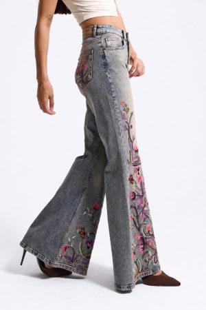 Women’s Grey Floral Embroidered Jeans